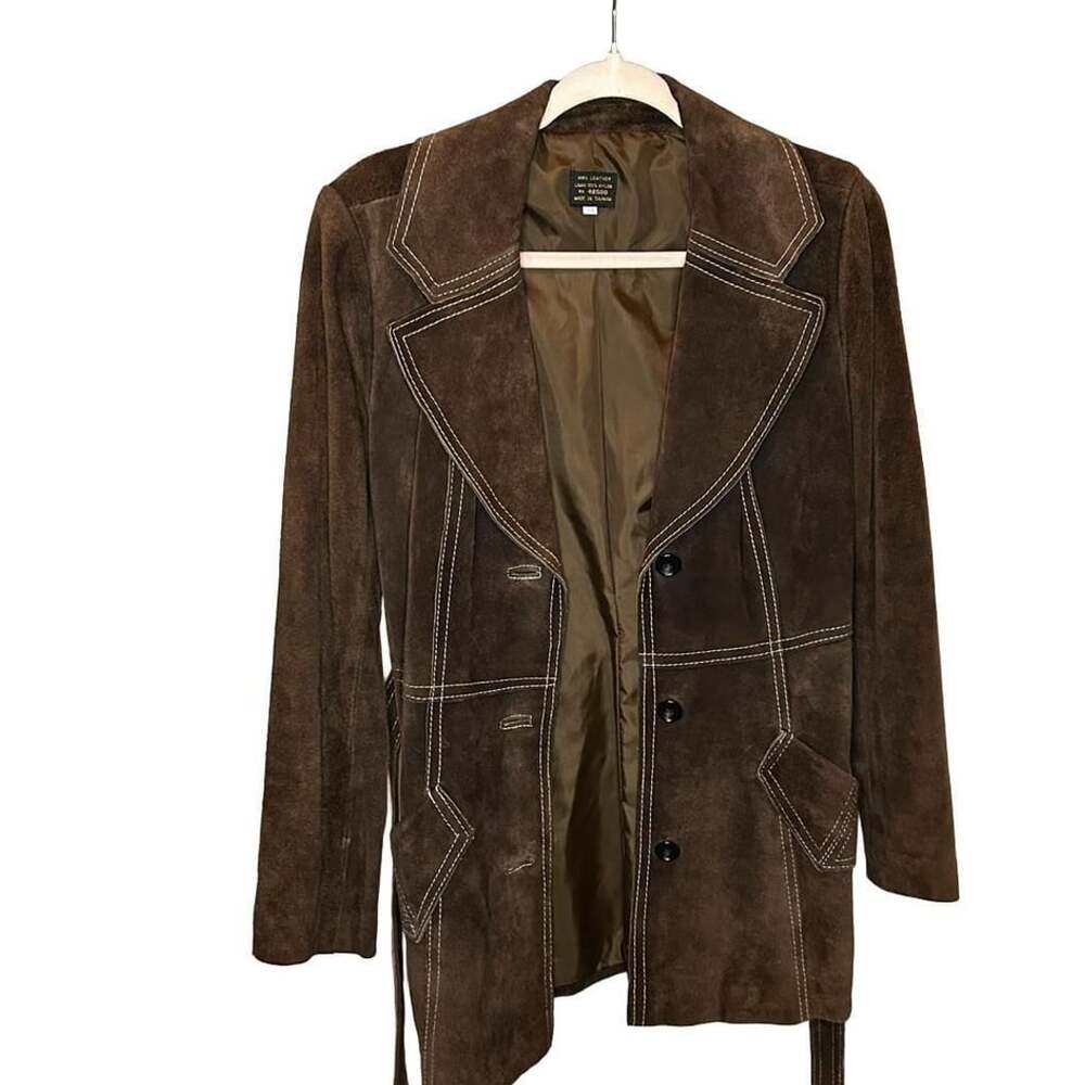 Vintage 1970s Brown Suede Leather Belted Coat Jacket Size 11/12